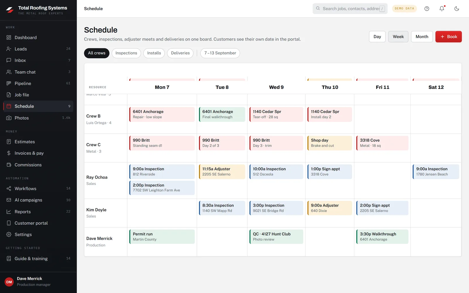 The Schedule screen of the Total Roofing Systems app