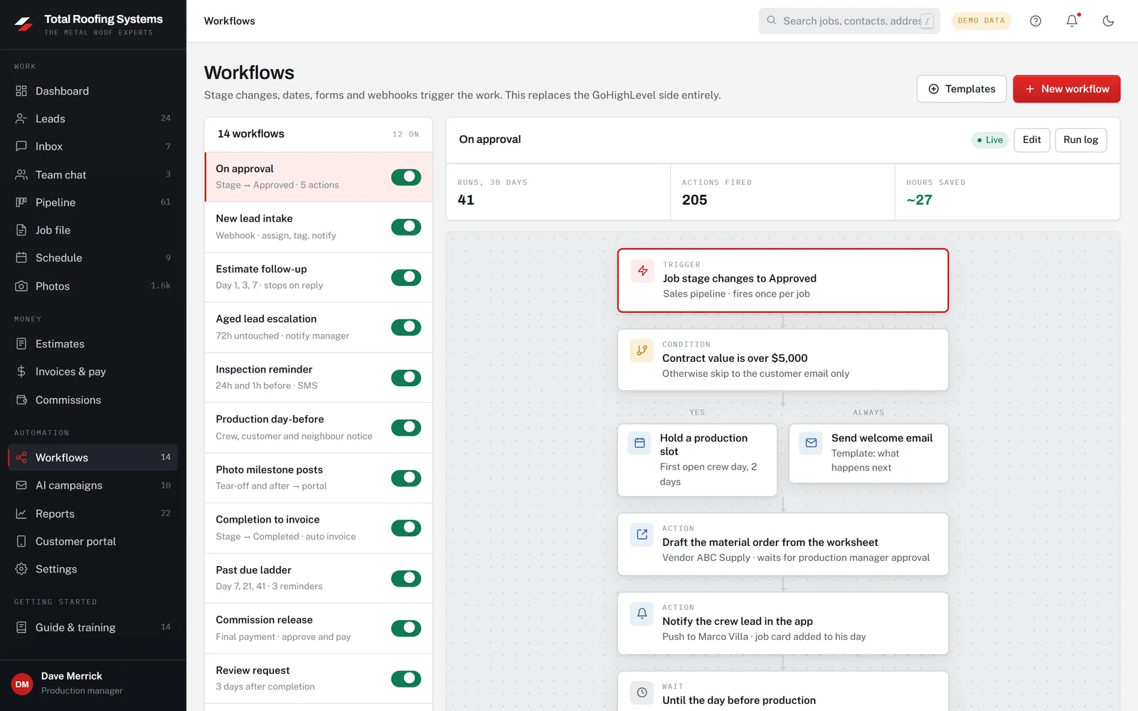 The Workflows screen of the Total Roofing Systems app