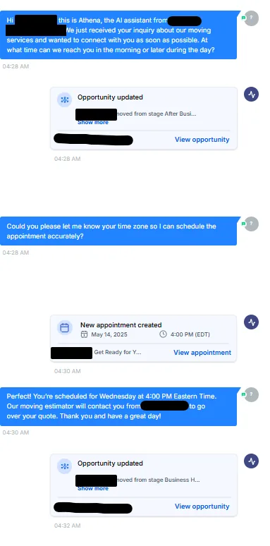 An SMS thread where the AI agent qualifies a lead and books an appointment