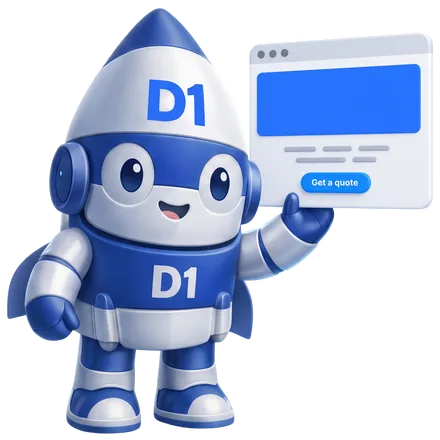 The D1 Tech Creative rocket mascot presenting a website mock-up with a quote button