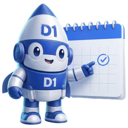 The D1 Tech Creative rocket mascot pointing at a booked date on a calendar