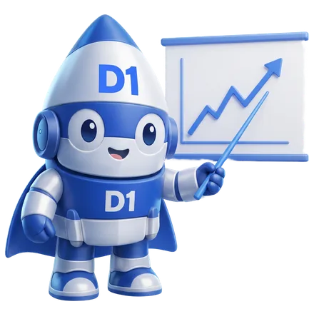 The D1 Tech Creative rocket mascot presenting a rising results chart