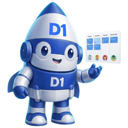 The D1 Tech Creative rocket mascot presenting a CRM pipeline board
