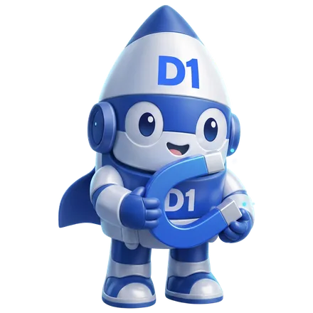 The D1 Tech Creative rocket mascot holding a magnet pulling in new leads