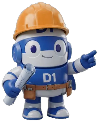 D1 mascot holding a rolled-up blueprint, pointing at the website