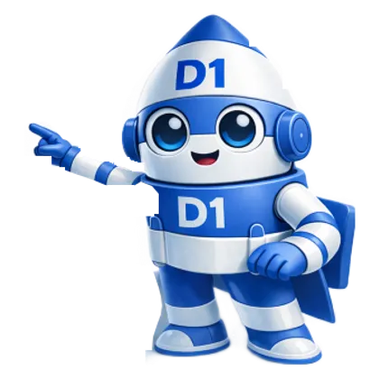 The D1 Tech Creative rocket mascot pointing at the policy details