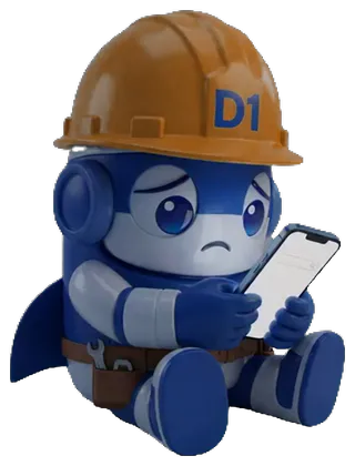 D1 mascot sitting down, staring sadly at a phone