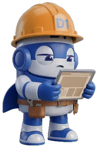 D1 mascot frowning at an outdated website on a tablet