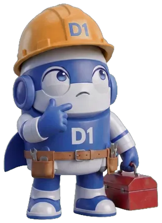 D1 mascot thinking it over, toolbox in hand