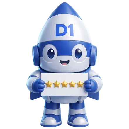 The D1 Tech Creative rocket mascot holding up a five-star review card