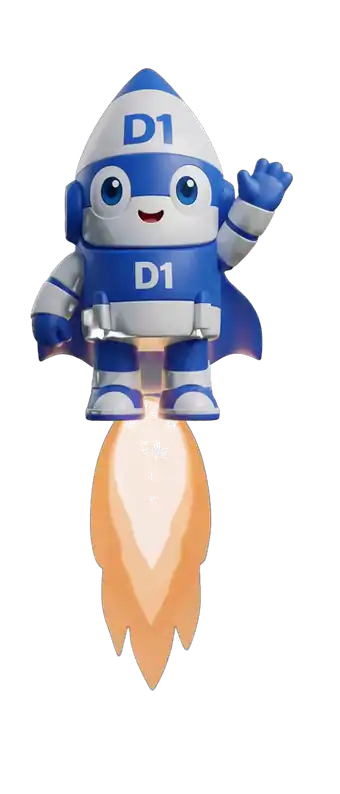 D1 Tech Creative rocket mascot launching