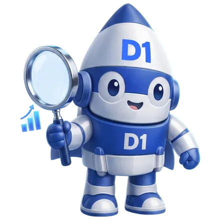 The D1 Tech Creative rocket mascot inspecting rising search rankings with a magnifying glass