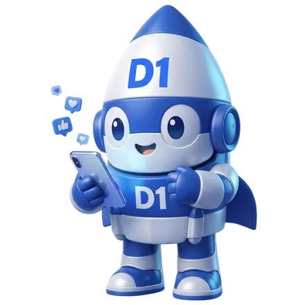 The D1 Tech Creative rocket mascot holding a phone with likes floating out of it