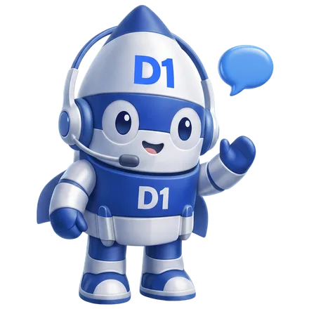 The D1 Tech Creative rocket mascot wearing a headset and answering a call