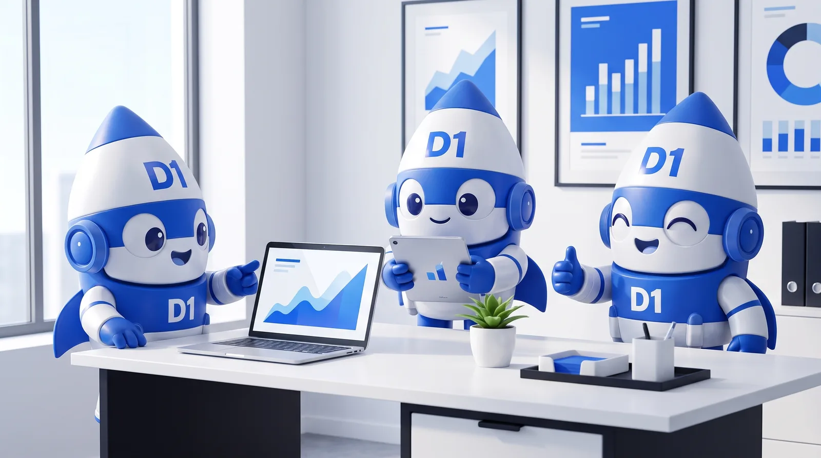 The D1 mascots reviewing growth dashboards together in the studio
