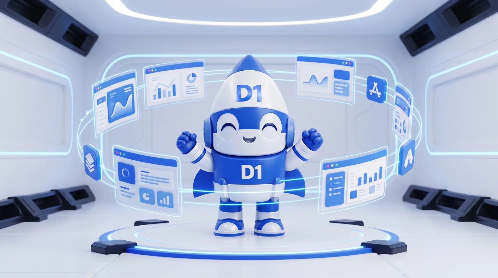 The D1 mascot surrounded by the connected services that power one growth system
